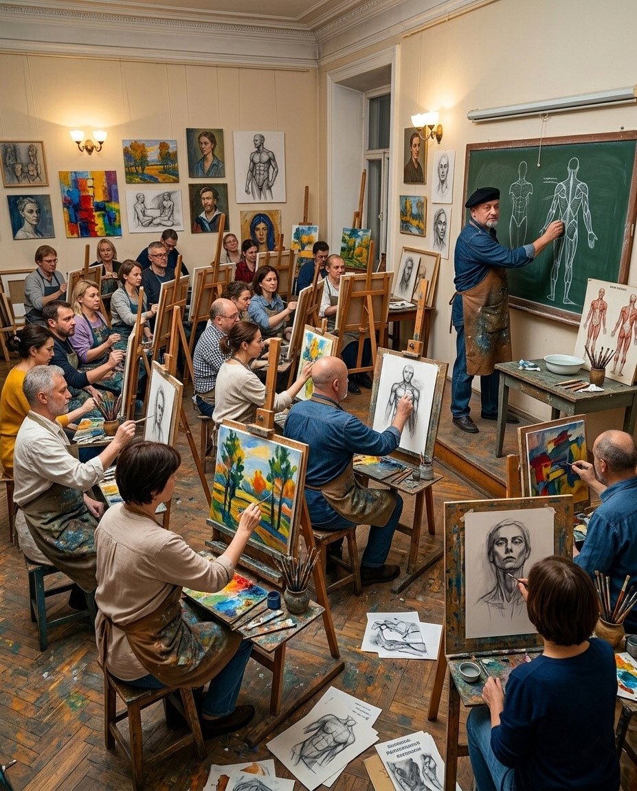 Art class with many students painting at easels while an instructor draws on a chalkboard