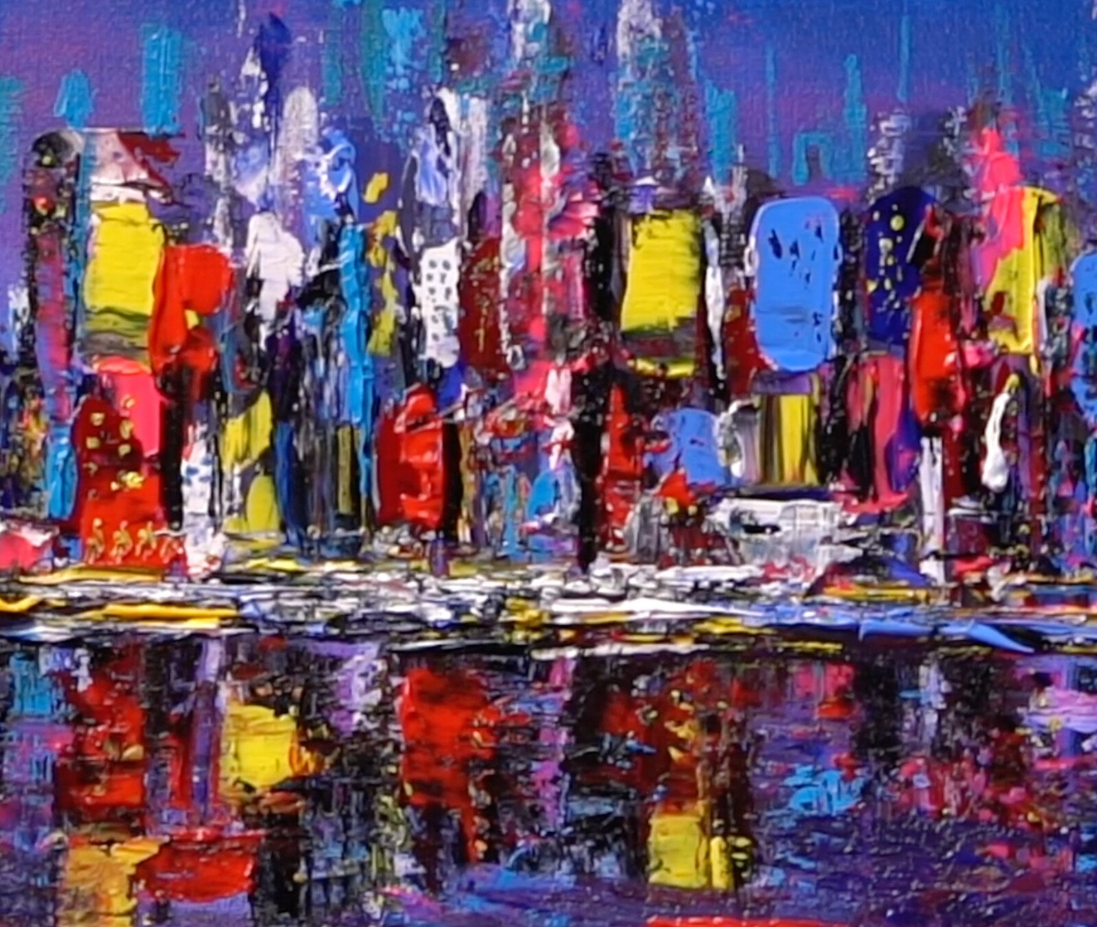 Abstract palette-knife painting of a colourful city skyline reflected in water at night