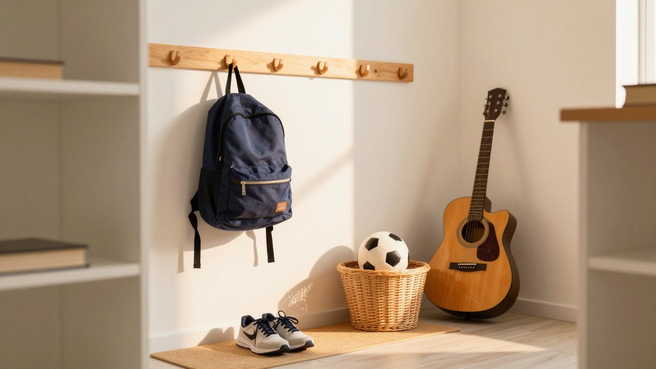 Backpack on a hook beside sneakers, a ball and a guitar in a sunlit hallway