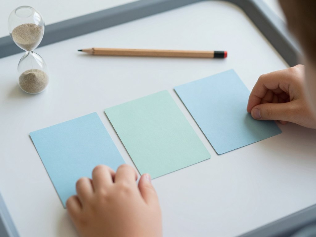 Hands arranging blank colored cards in a row next to a pencil and sand timer