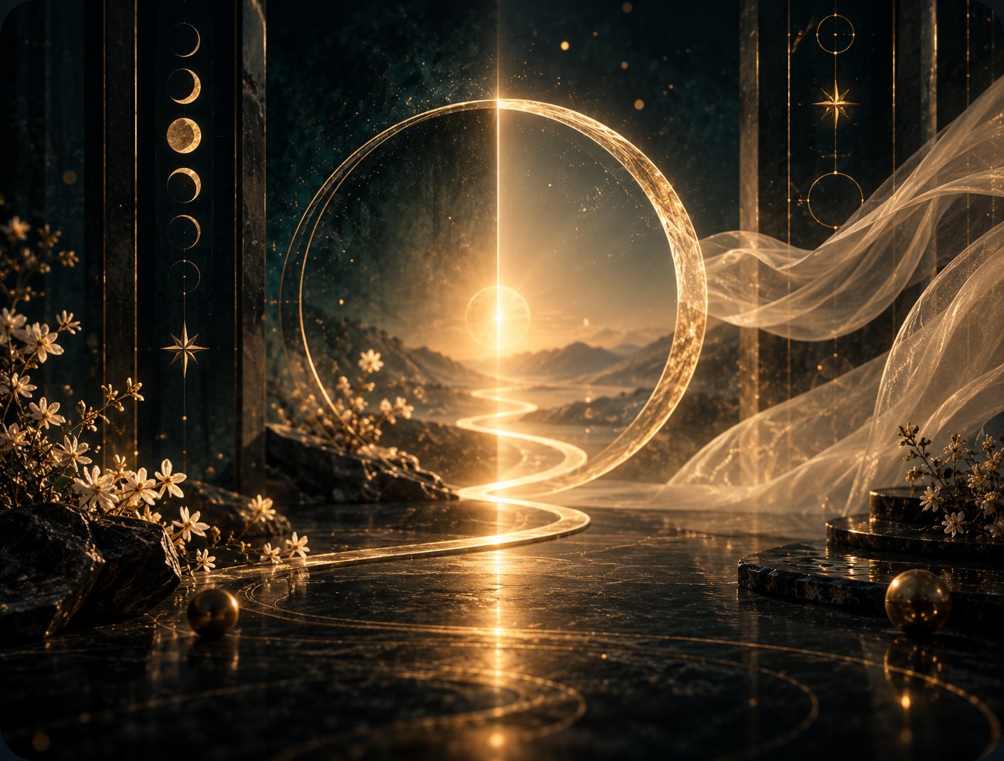 Glowing golden circular portal with a winding path, moon phases and flowers