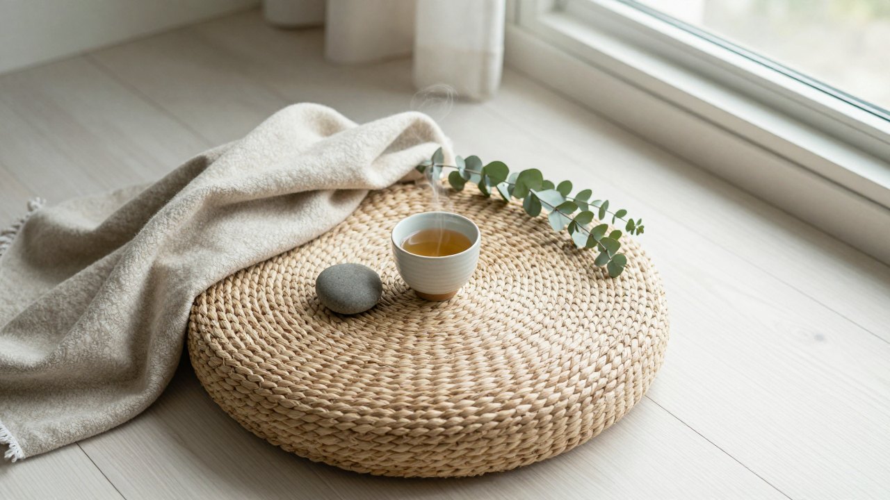 Meditation corner with cushion, blanket, tea cup, stone and eucalyptus sprig on a wooden floor in soft daylight