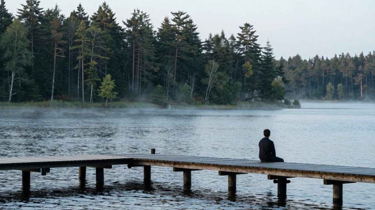 Distant person seated on a wooden jetty looking over a misty, calm lake at dawn