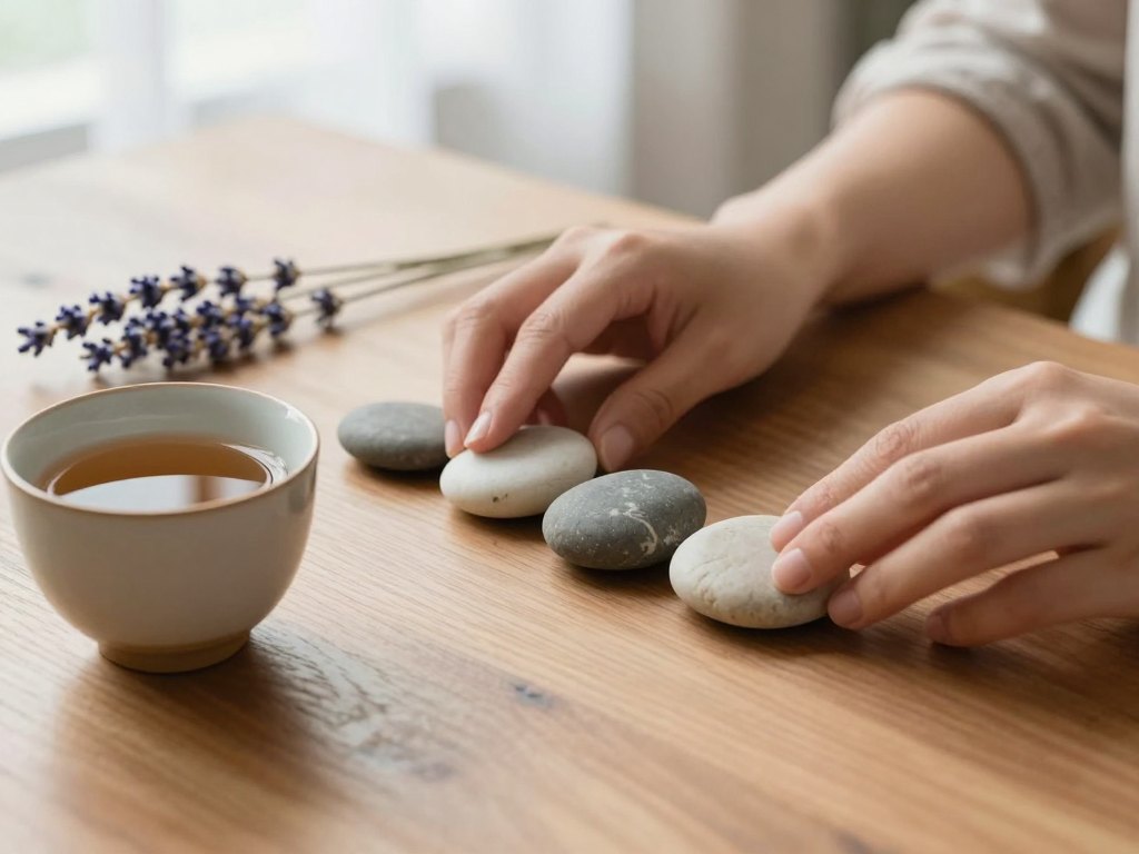 Hands arranging four smooth stones in a row beside a cup of tea on a wooden table