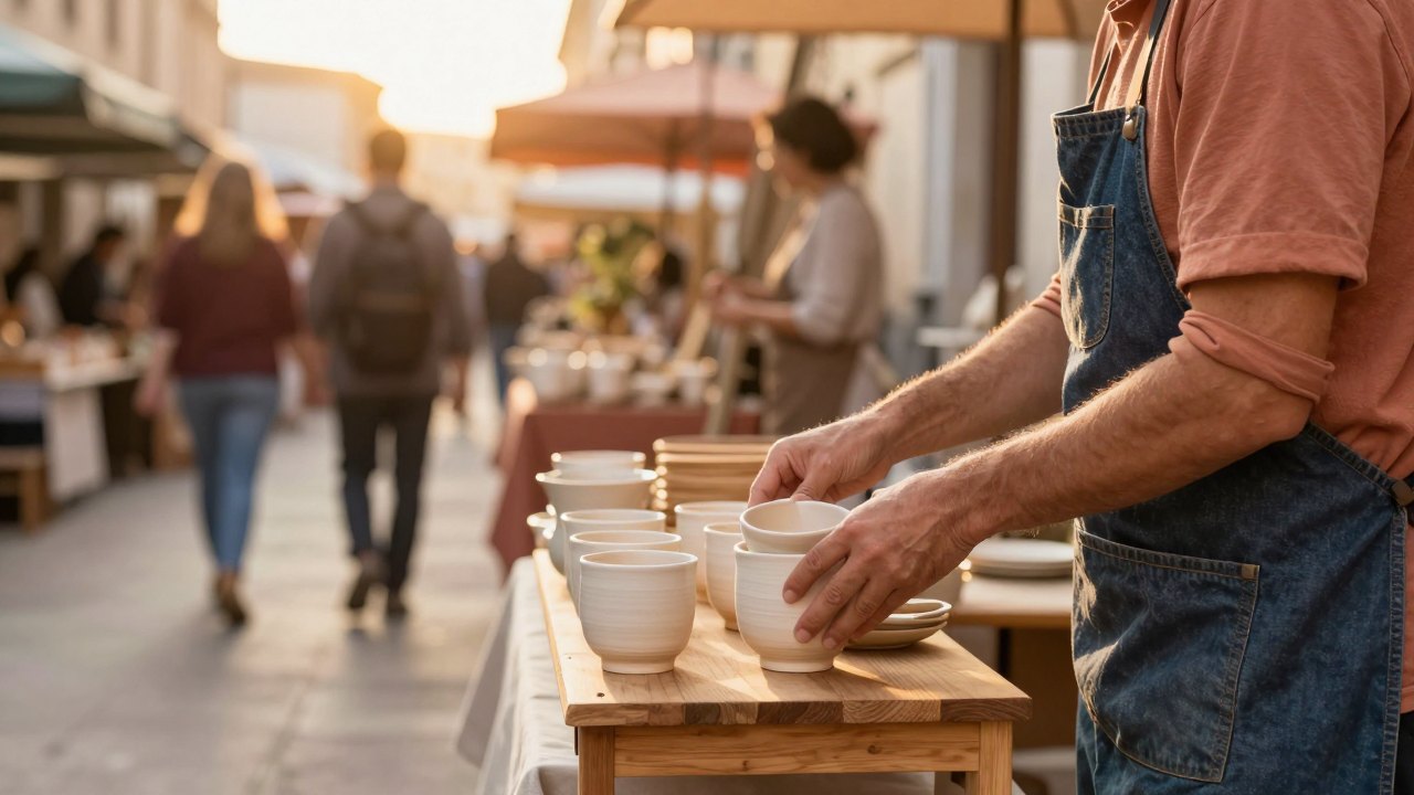 Vendor seen from behind arranging ceramic cups on a wooden market stall at sunset