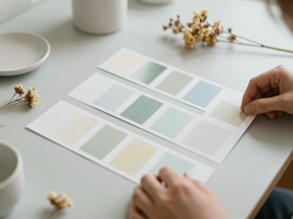 Hands arranging colour swatches, dried flowers and ceramics into a neat grid on a table