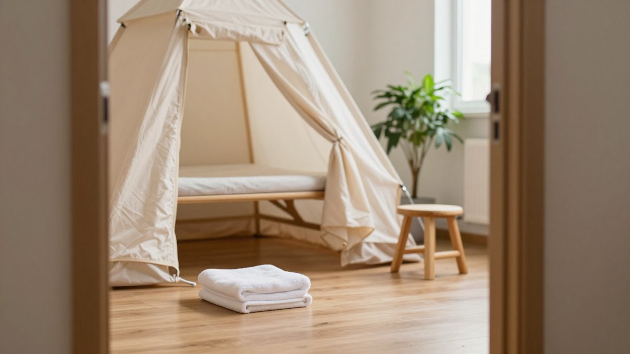 Empty tanning studio with a pale spray tent, wooden stool, folded towel and potted plant in soft daylight
