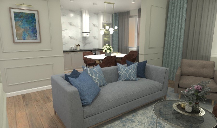 3D rendering of a living room with a gray sofa, blue cushions, a dining area and a marble kitchen wall