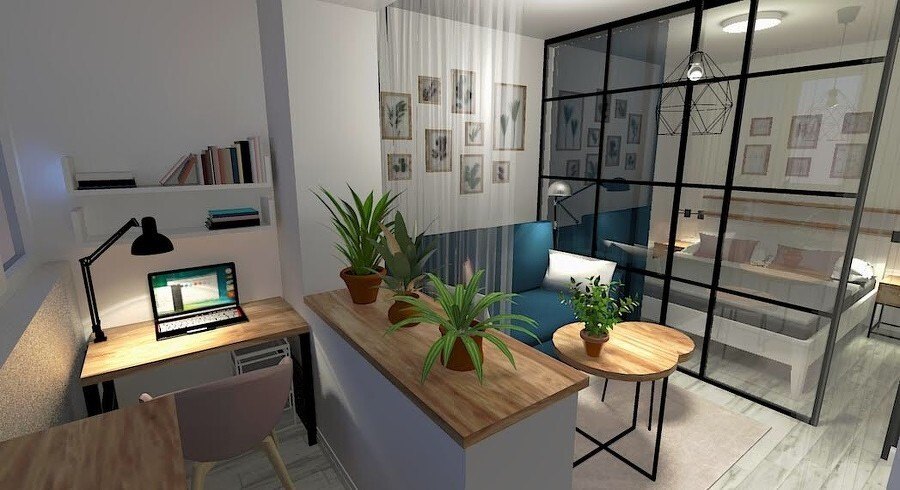 3D rendering of a small studio apartment with a desk, plants, a blue sofa and a glass partition to the bedroom