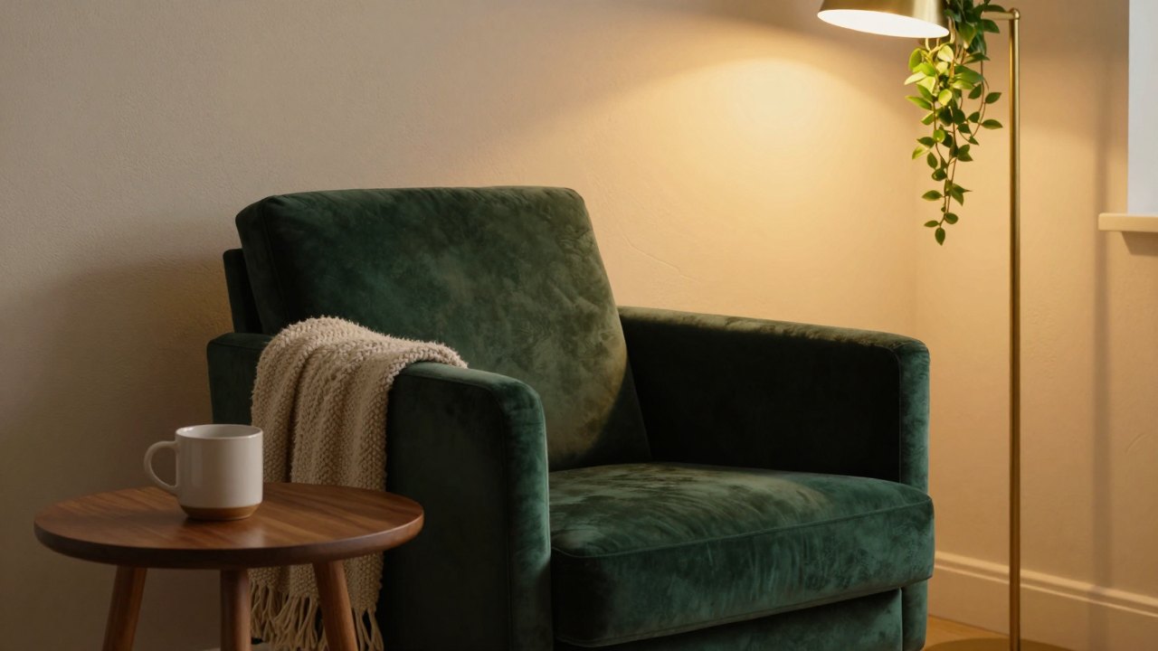 Completed reading corner with green armchair, brass lamp and plant in warm evening light
