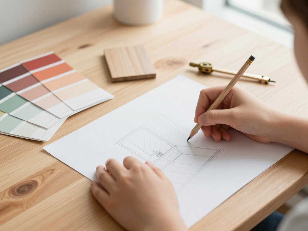 Hands sketching a room outline beside colour cards and material samples on a desk