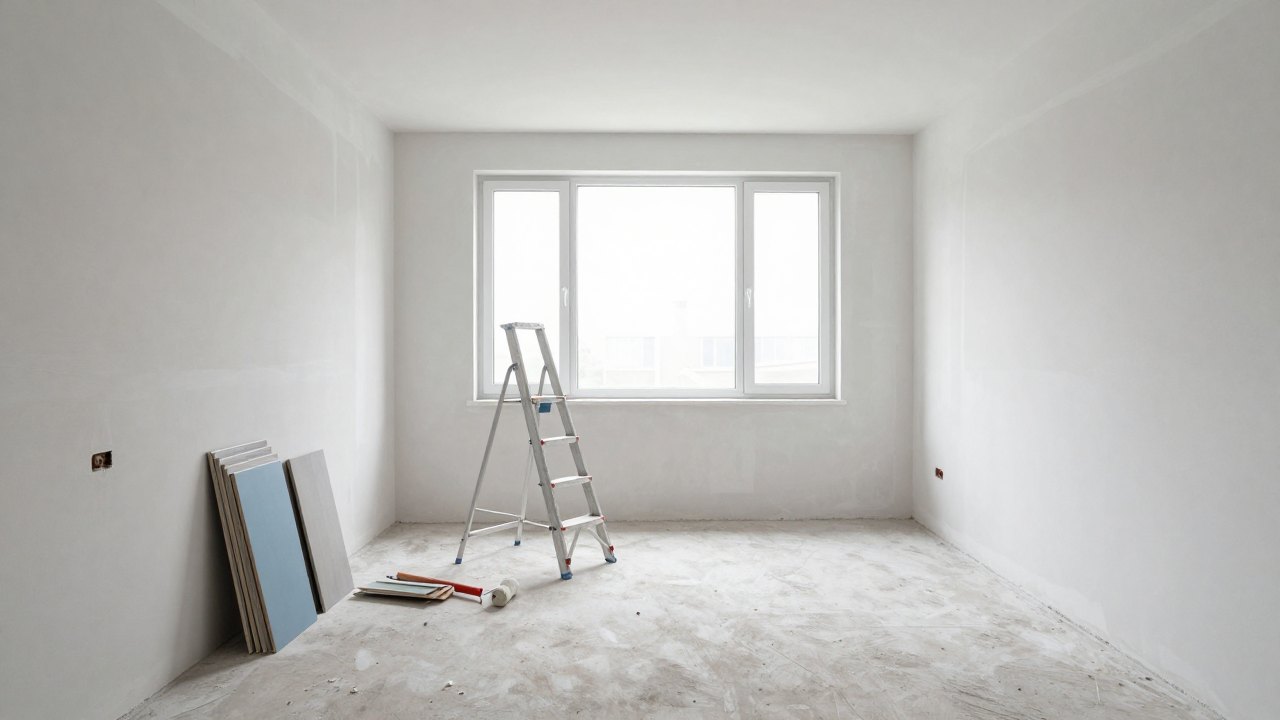 Empty apartment during renovation with plastered walls, stepladder and tile samples in daylight