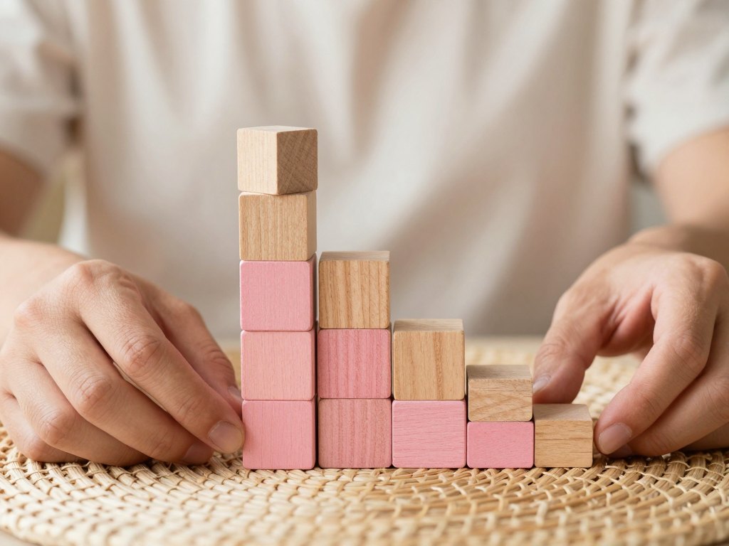 Hands arranging graduated wooden cubes in order of size on a woven mat
