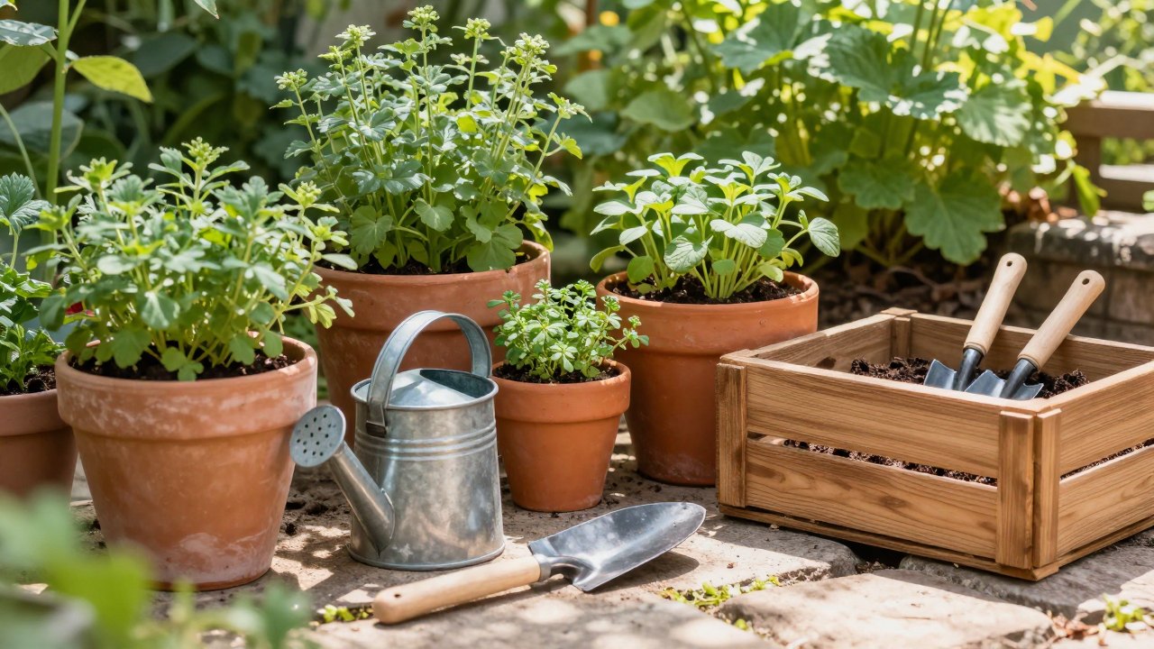 Small herb pots, watering can and trowel in a sunlit garden corner