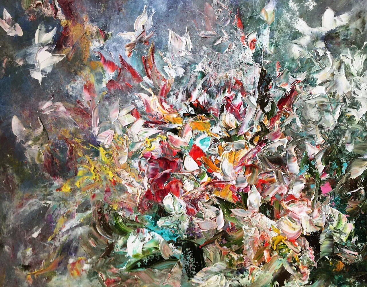 Abstract impasto floral painting with white, red and yellow palette knife strokes on a dark background