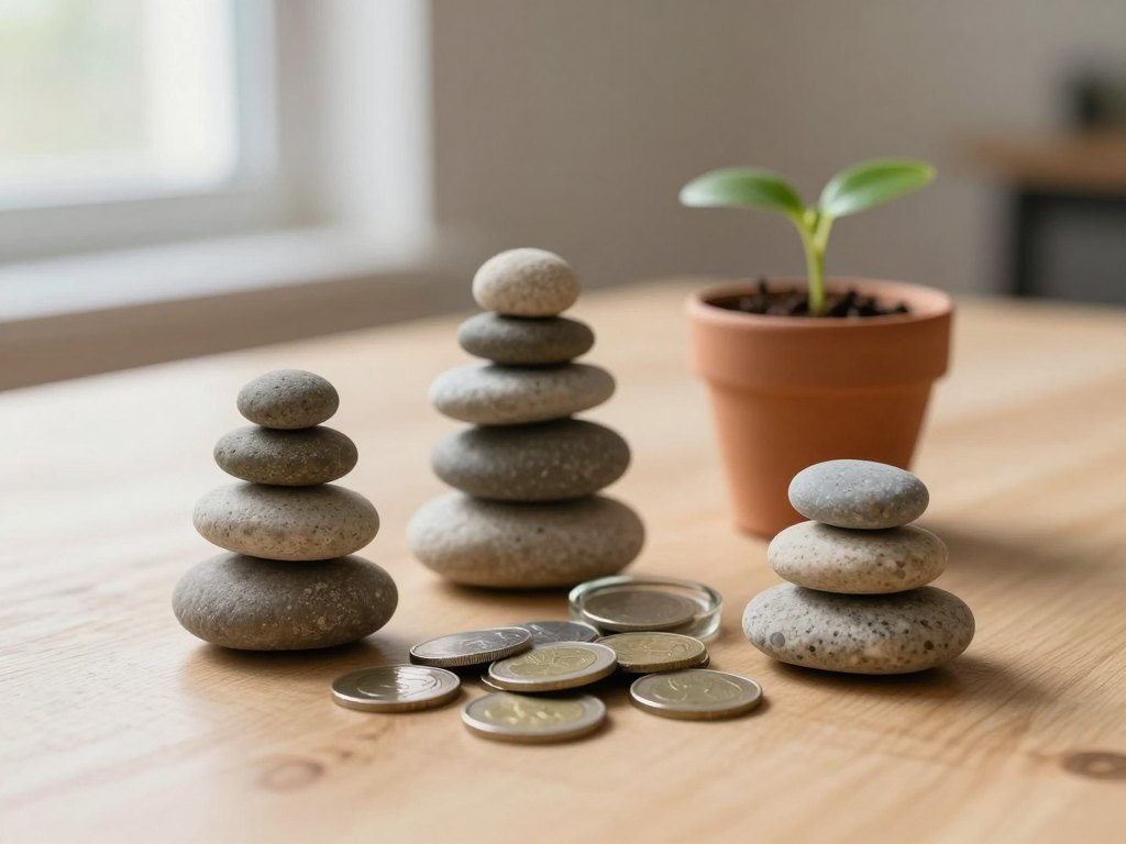 Stacked stones, a jar of sand and a small seedling on a wooden table in soft light