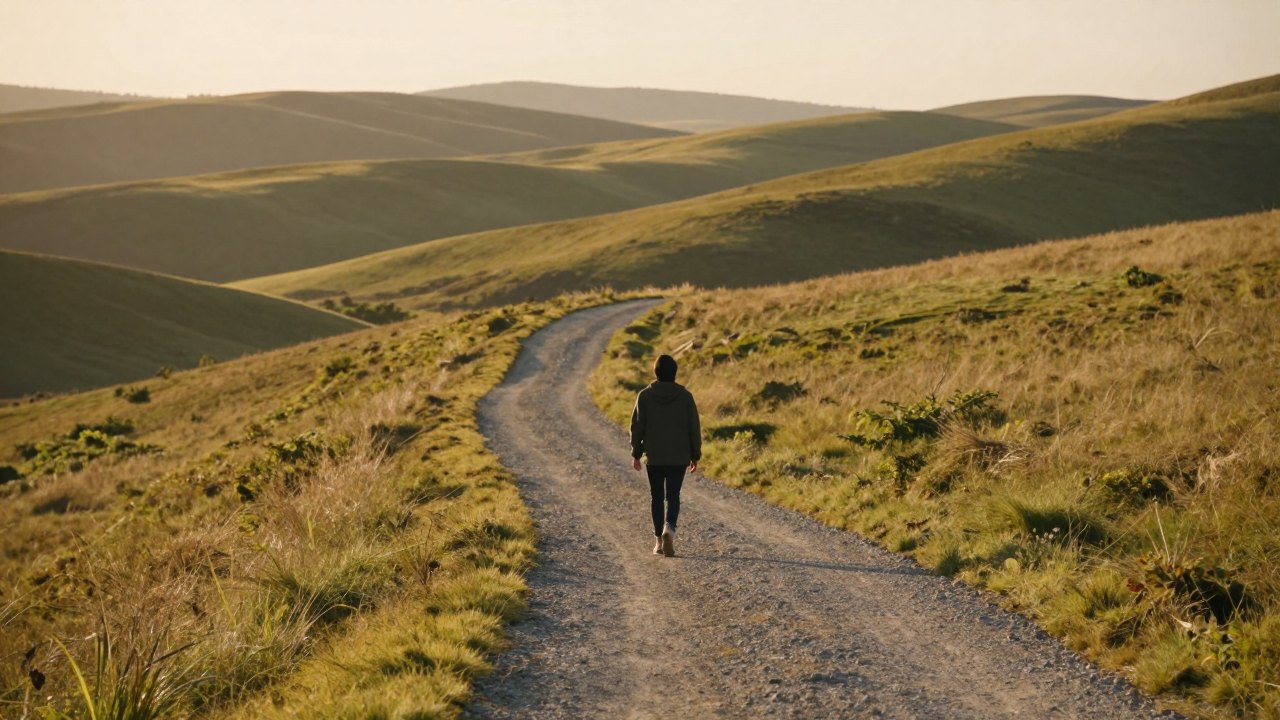 Person seen from behind walking a winding path across gentle hills at sunset