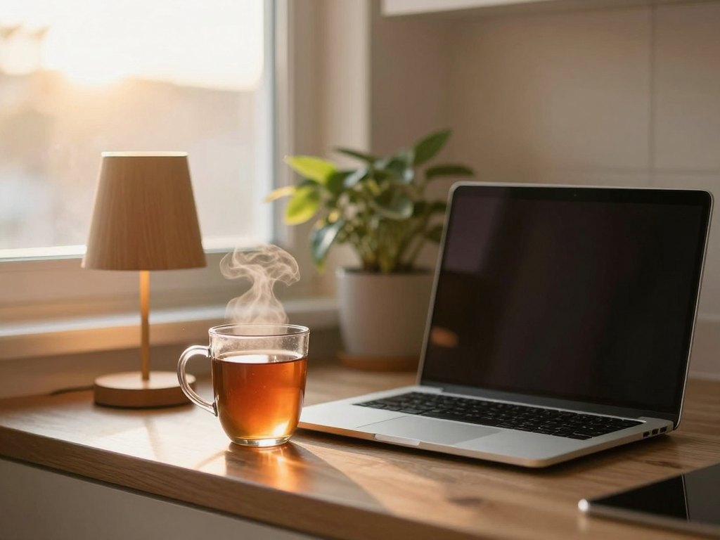 Mug of tea and closed laptop on a table by a sunlit morning window