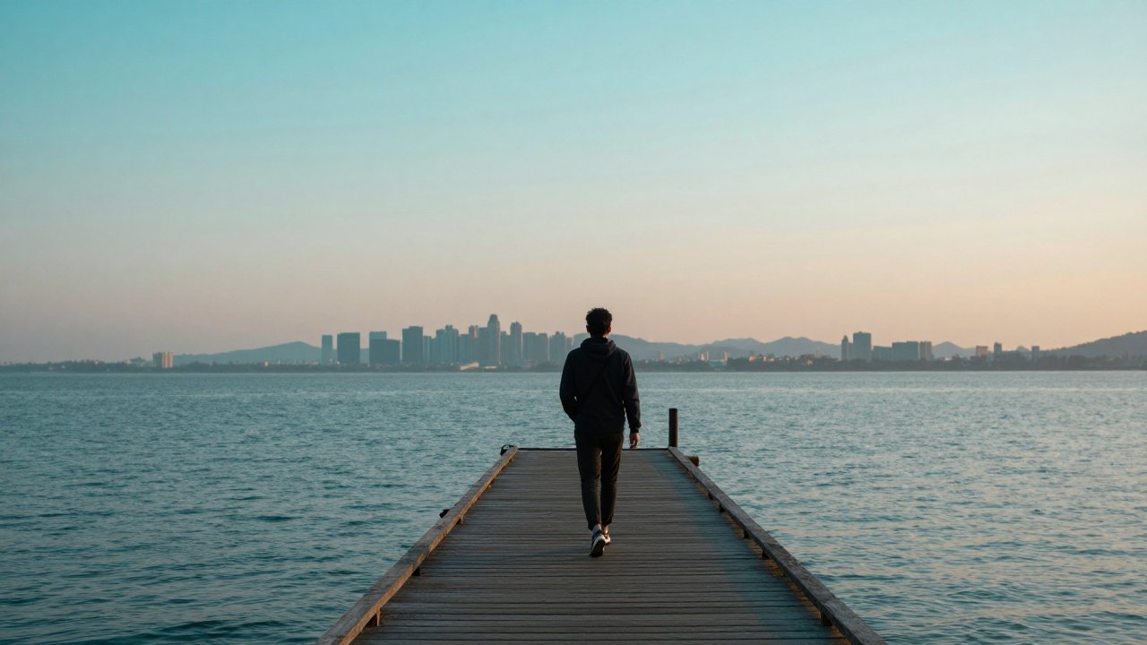 Person seen from behind walking along a wooden pier toward calm water at dusk