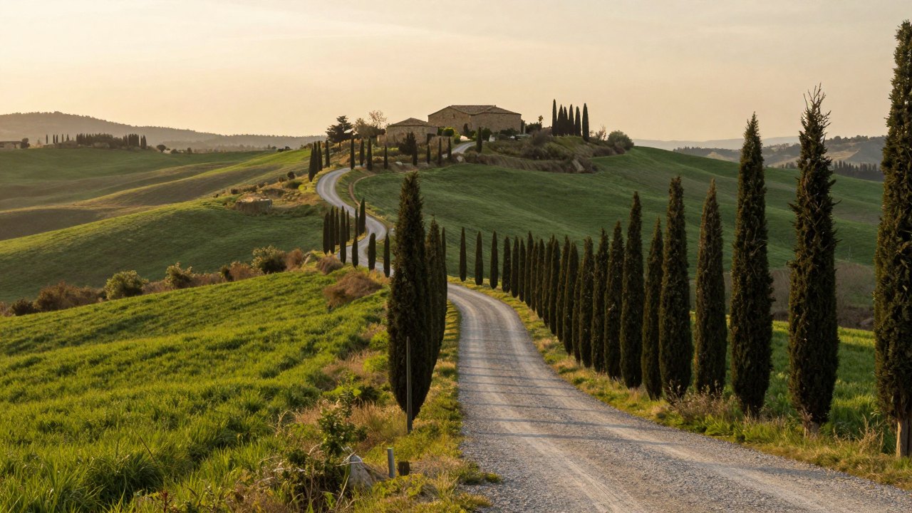 Tuscan hills at sunset with a winding road, cypress trees and a distant stone farmhouse