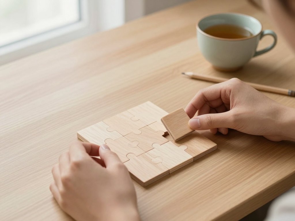 Hands arranging plain wooden tiles on an oak desk beside a cup of tea and a pencil