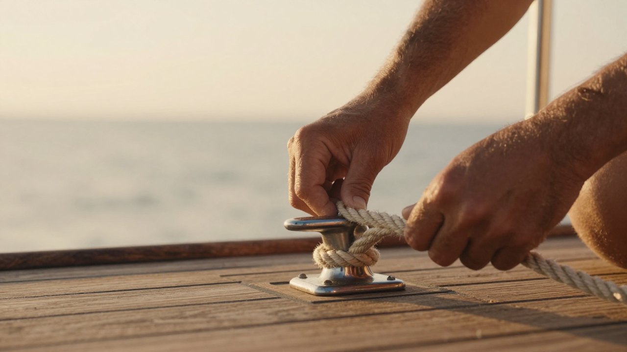 Hands tying a knot with cream rope around a steel cleat on a teak deck