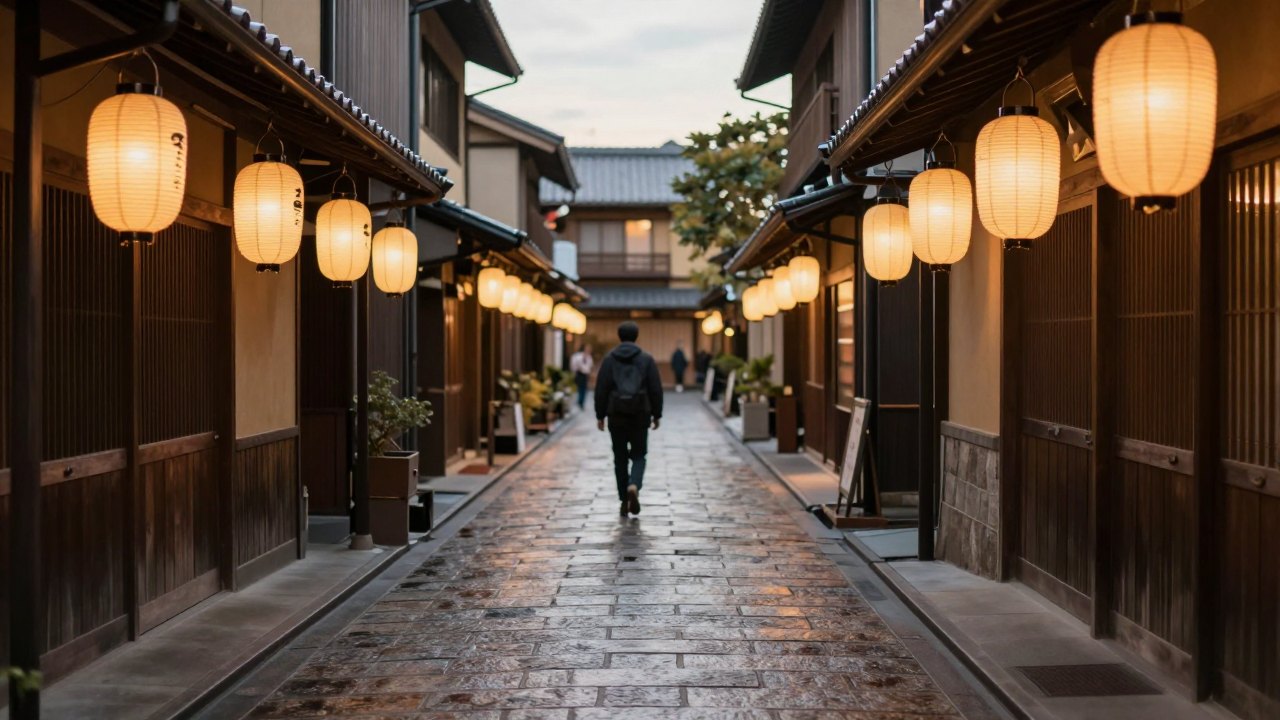 Narrow Japanese street at dusk with plain paper lanterns and a distant walking figure seen from behind