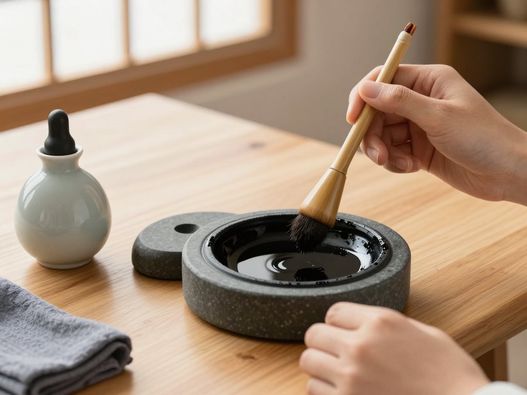 Hands holding a bamboo brush above an ink stone on a wooden table