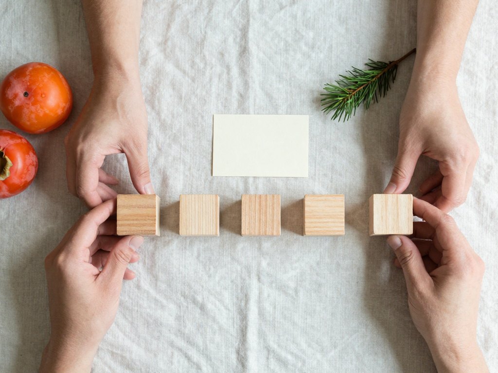 Hands arranging blank cards and wooden blocks in a row beside persimmons on linen
