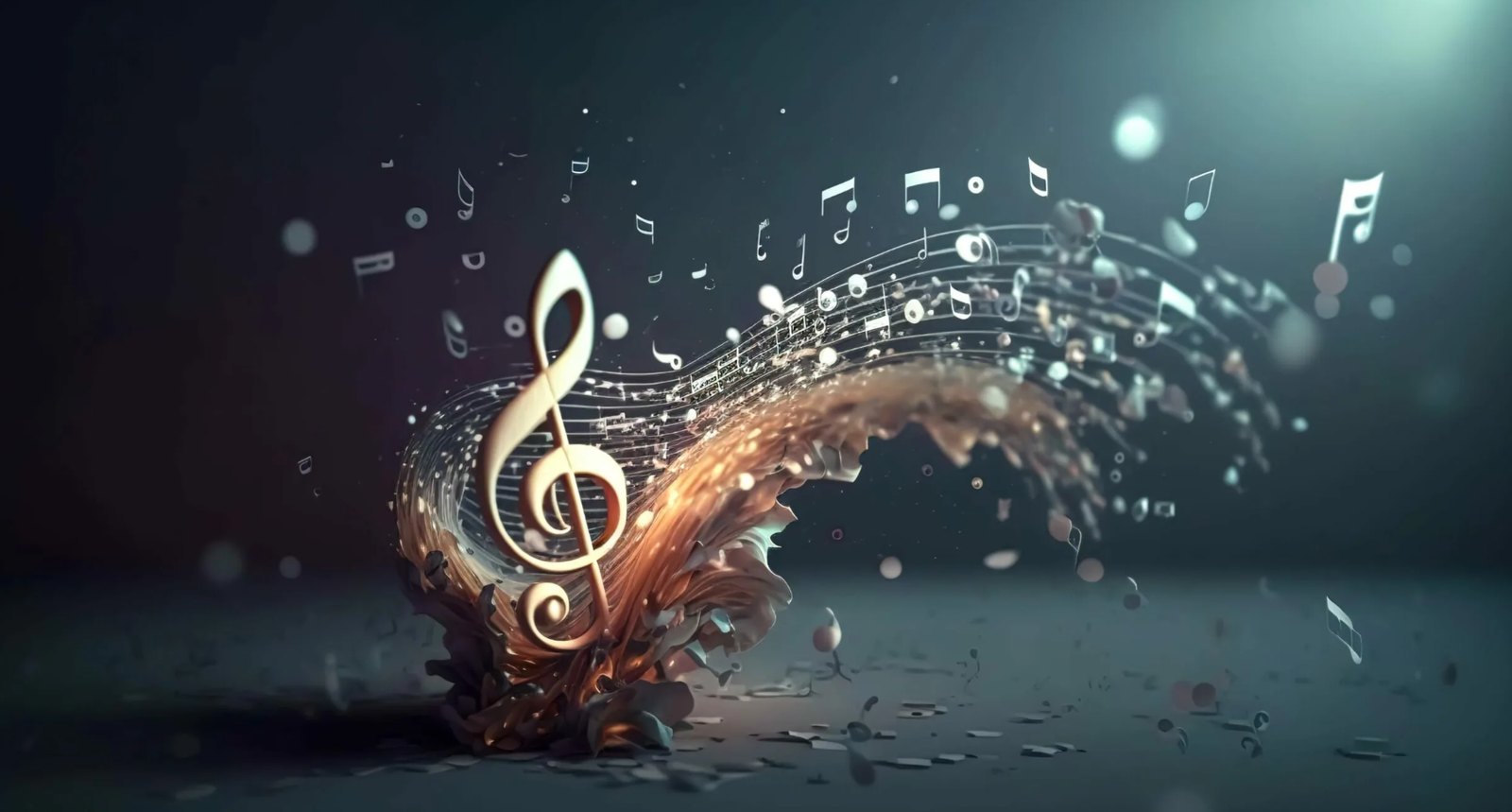Treble clef and musical notes swirling in a glowing wave on a dark background