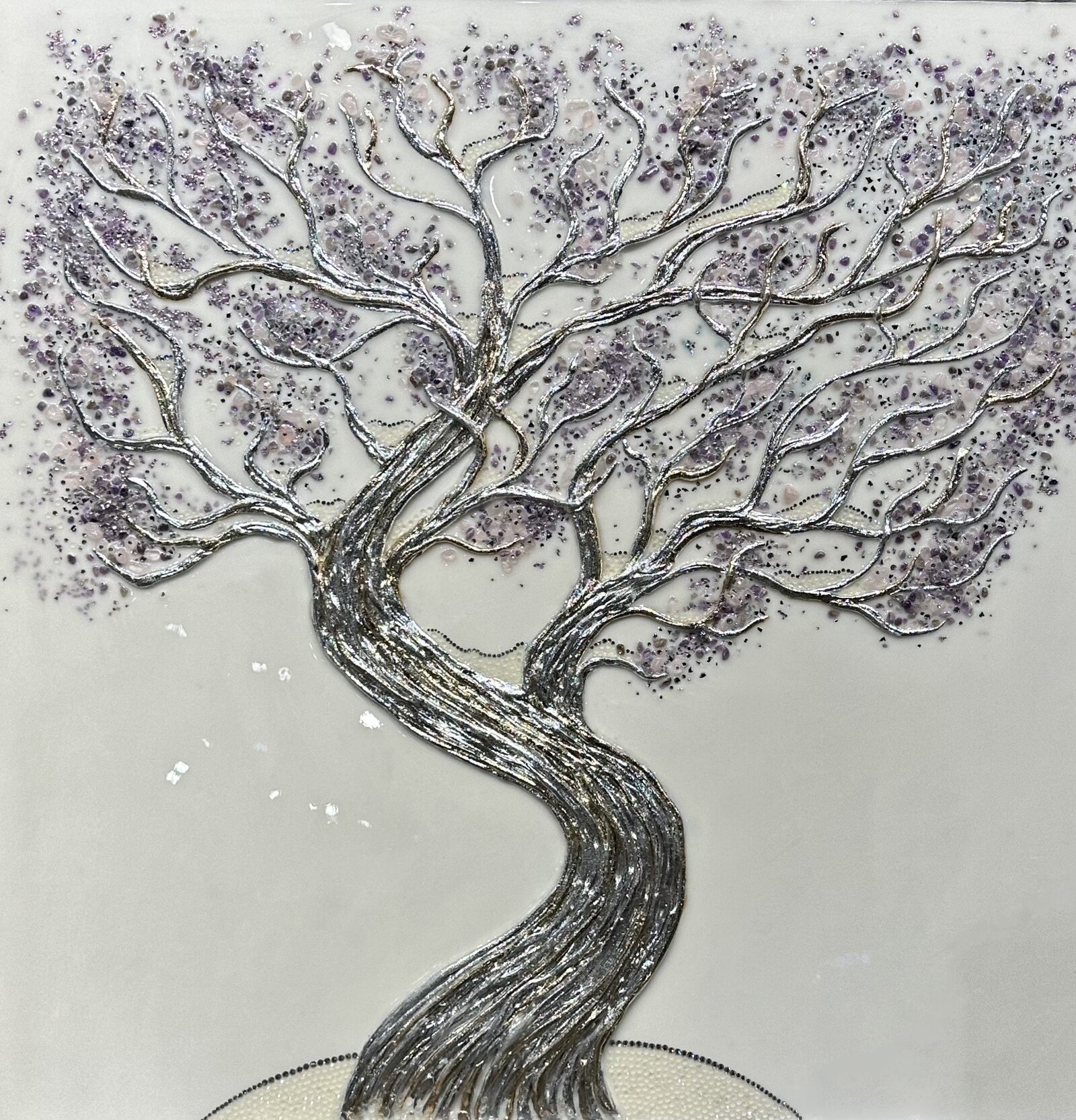 Silver twisted tree resin painting with purple amethyst gemstone foliage