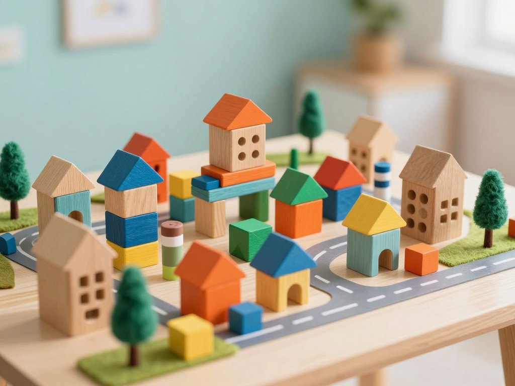 Miniature toy city of wooden blocks and cardboard houses connected by a ribbon road