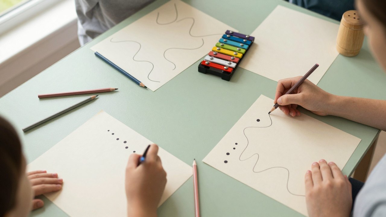 Table with coloured pencils, abstract drawings, small glockenspiel and shaker, hands drawing together