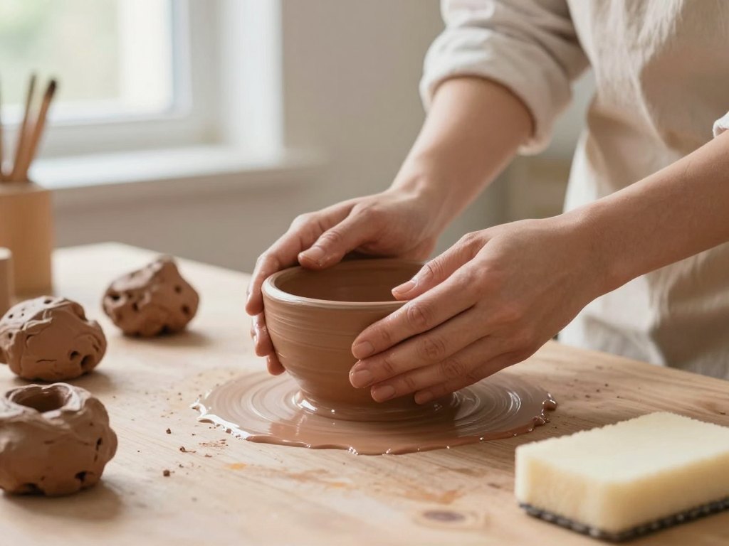 Hands shaping a simple clay bowl on a wooden workshop table