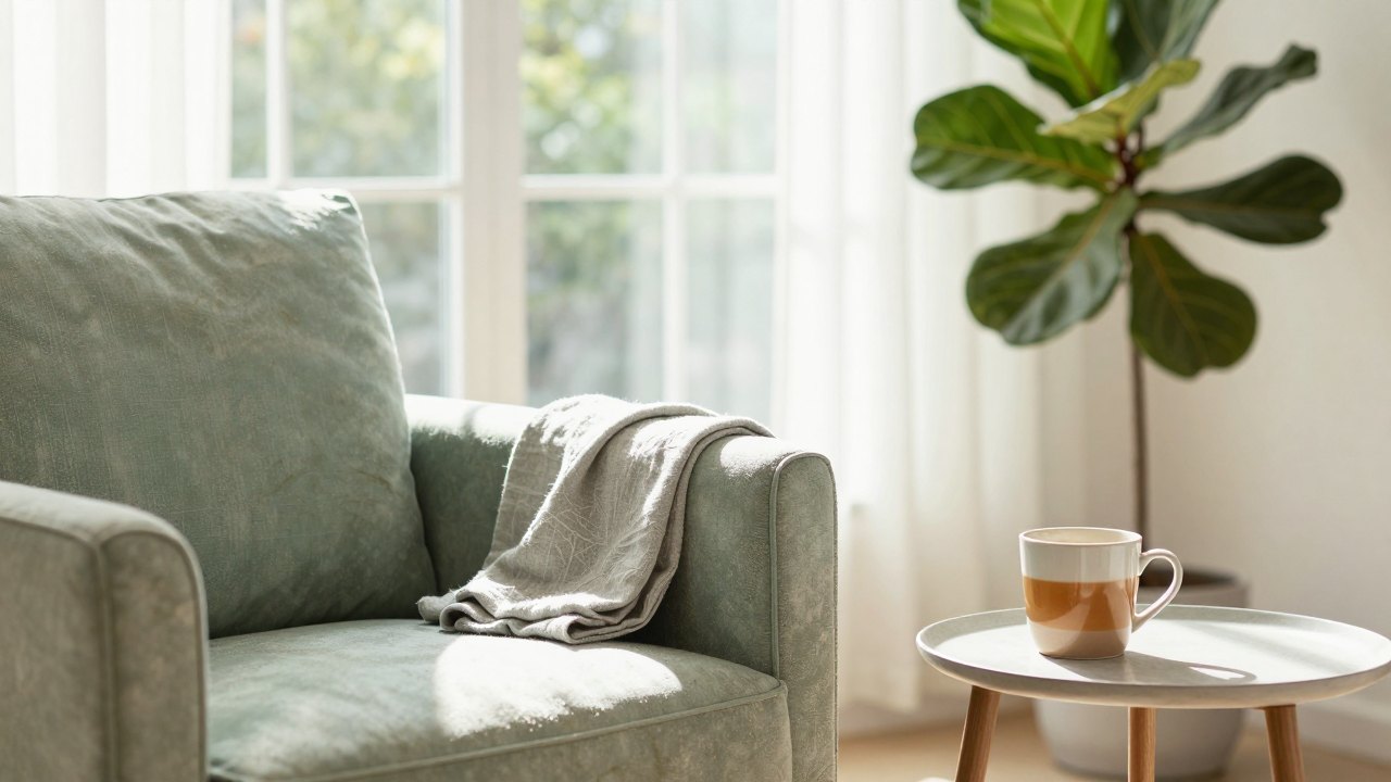 Cosy armchair with a throw and a mug of tea beside a window and plant