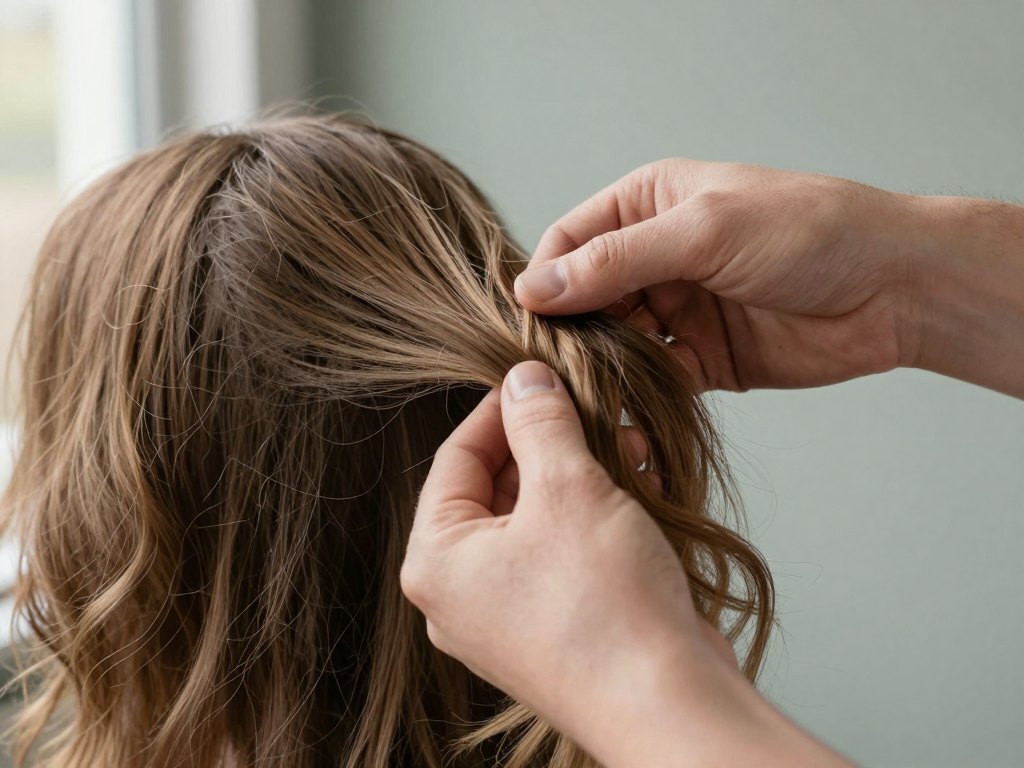 Gloved hands lifting and examining a section of wavy brown hair in daylight