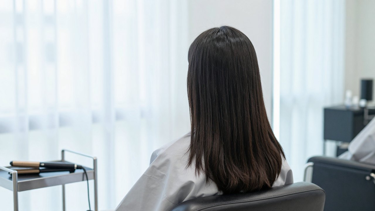 Woman seen from behind with smooth straight dark hair sitting by a bright salon window