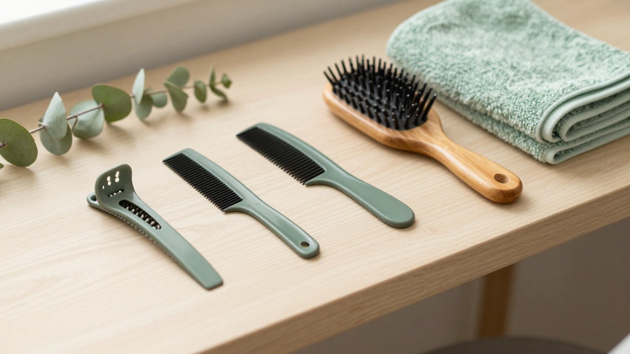 Hair sectioning clips, comb, round brush and towel arranged on a wooden counter