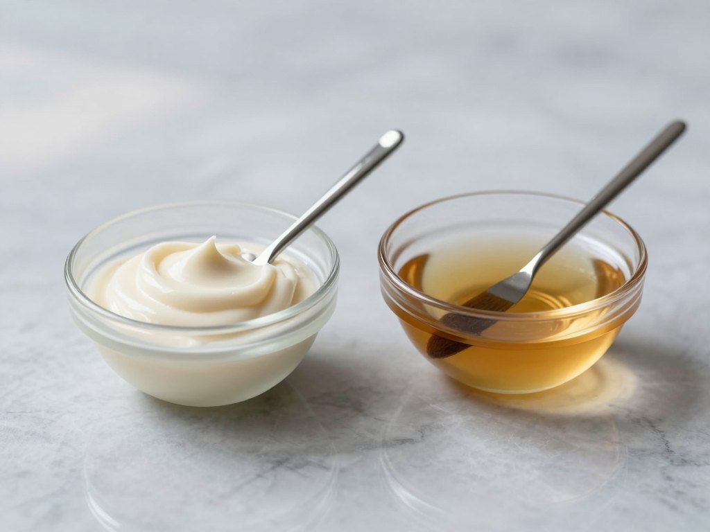 Two glass bowls with cream and amber hair treatment and brushes on marble