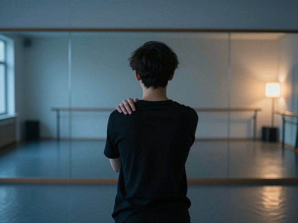 Person seen from behind standing quietly in an empty dance studio at dusk