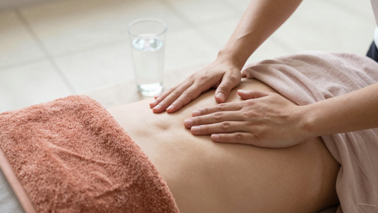 Hands on the waist of a loose shirt beside a towel and glass of water