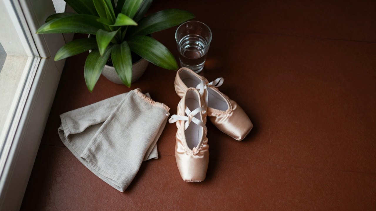 Two pairs of dance shoes with a towel, water glass and plant on a floor