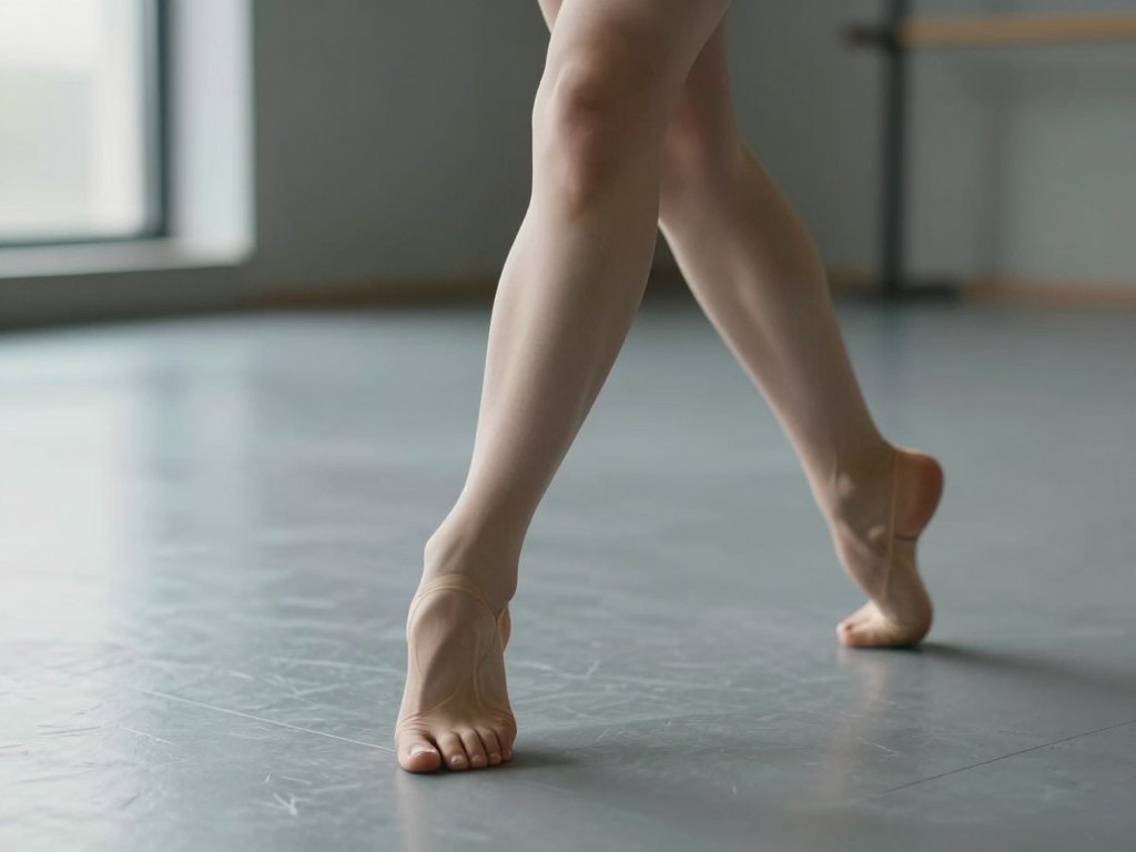 Close view of a dancer's bent knee and weighted foot on a studio floor