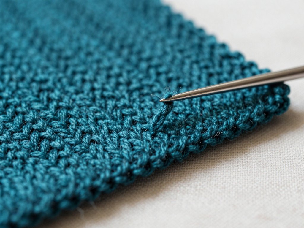 Close-up of teal knitted fabric with a crochet hook picking up a dropped stitch