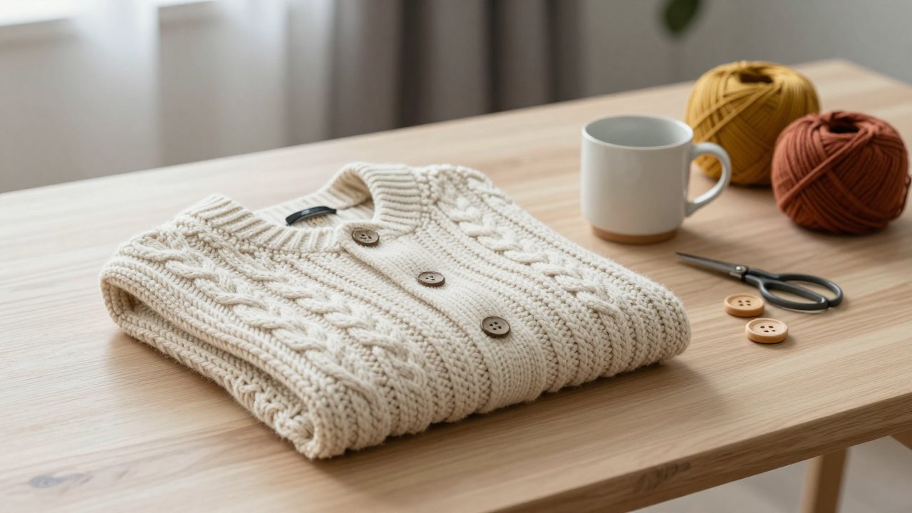 Folded cream cable-knit cardigan with scissors, wooden buttons and yarn skeins on an oak table