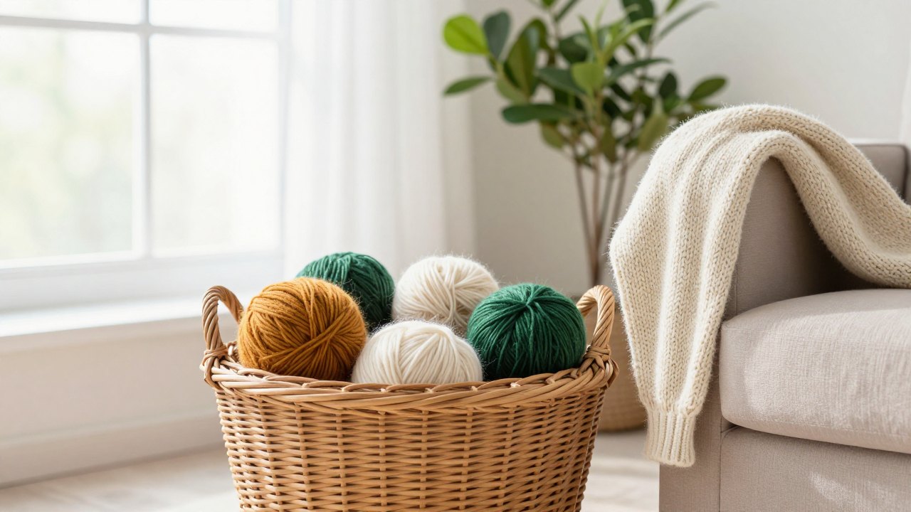 Armchair with an unfinished knitted sleeve beside a basket of wool balls near a window