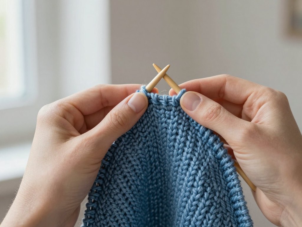 Close-up of hands knitting a blue stockinette swatch on wooden needles