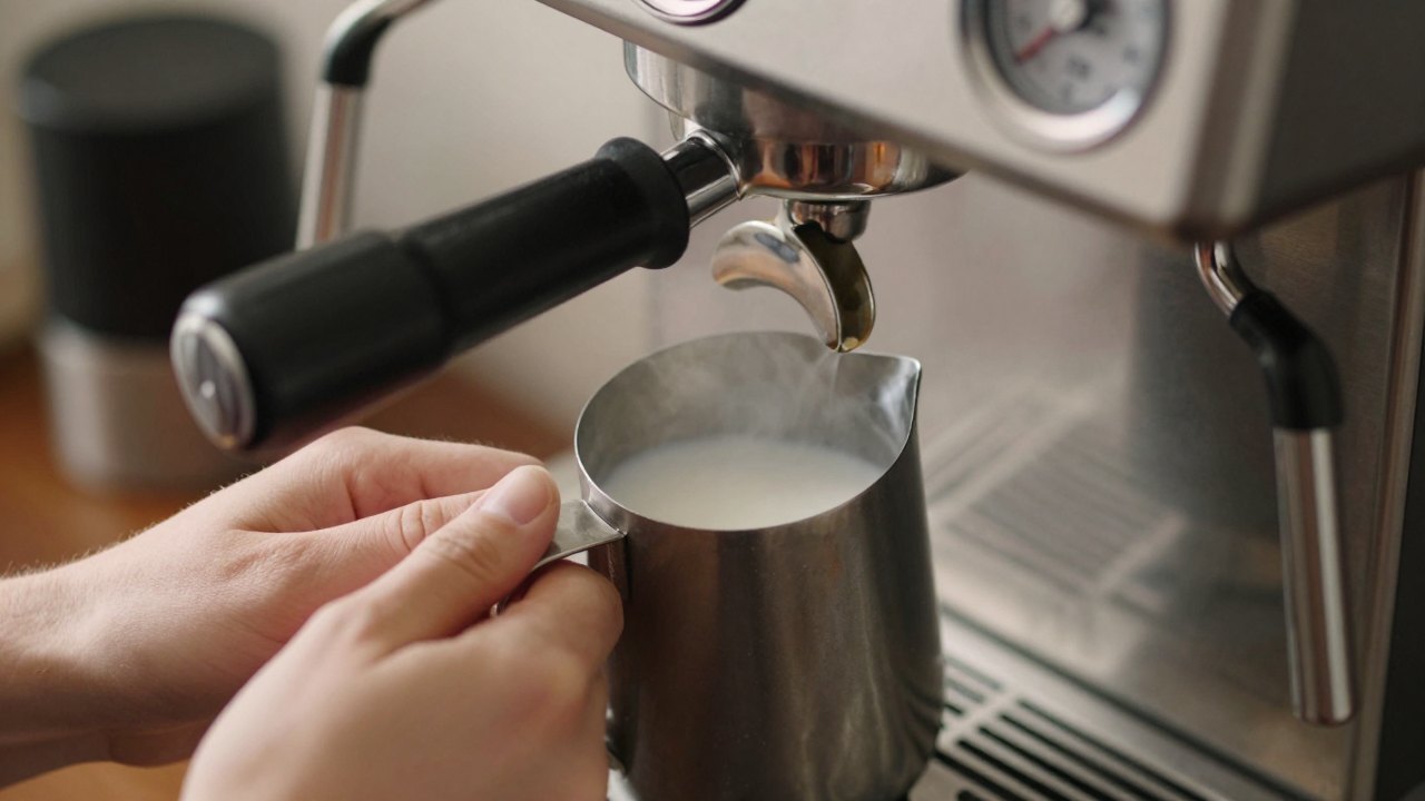 Hands holding a steel pitcher under an espresso machine steam wand with steam rising