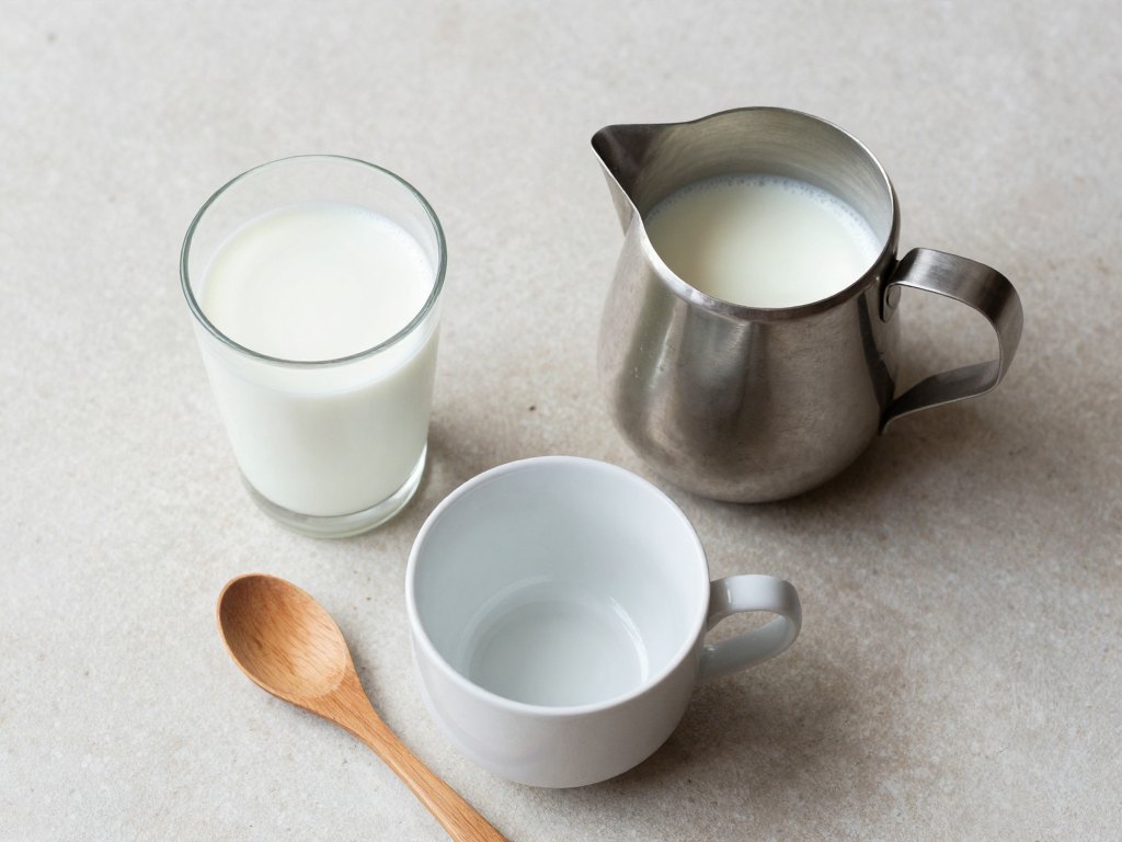 Glass of milk, steel pitcher of steamed milk and empty cup arranged on a stone surface