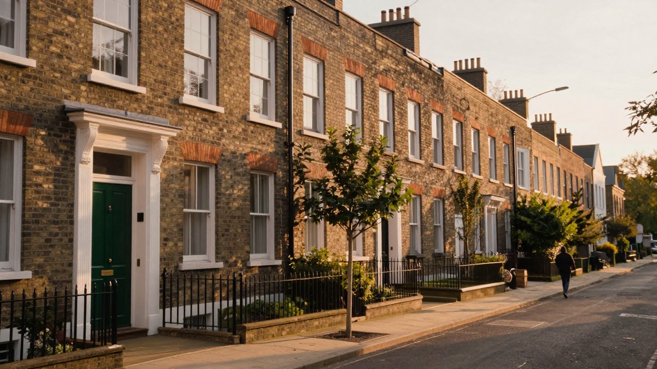 Brick townhouse with a green door on a quiet tree-lined street in evening light